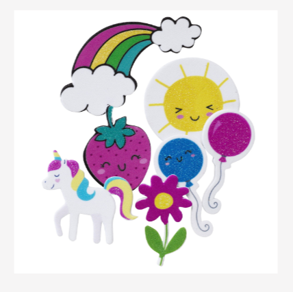150 bitar med funky foam / dekorgummi med ballonger, blommor och enhörningar